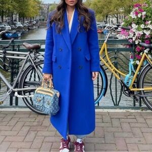 Perry Ellis Royal Blue Wool Double Breasted Long Coat